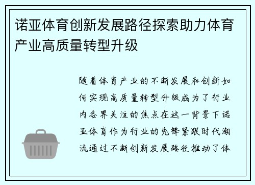 诺亚体育创新发展路径探索助力体育产业高质量转型升级