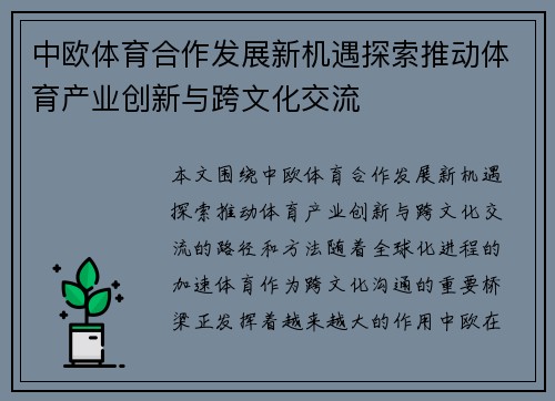 中欧体育合作发展新机遇探索推动体育产业创新与跨文化交流